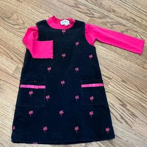 Lilly Pulitzer 4T black corderoy jumper with pink shirt and palm trees